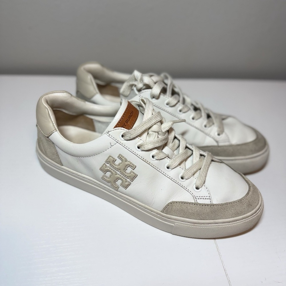 Tory Burch Sneakers Bari Nappa Color Block Women Sz 9 White Beige Leather Suede